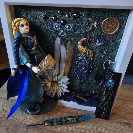 Emeraldire - Guardian of the peacock handmade clay model in a frame with resin pen and wooden bookmark set