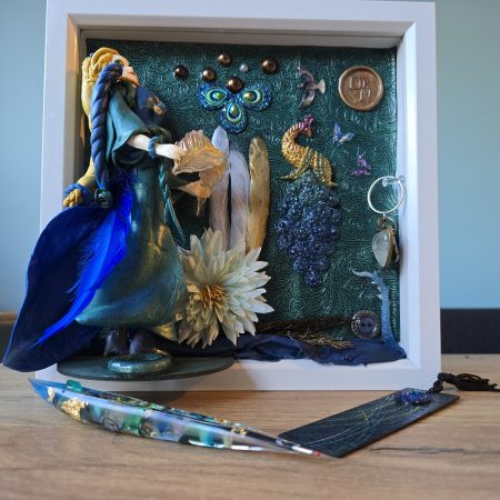 Emeraldire - Guardian of the peacock handmade clay model in a frame with resin pen and wooden bookmark set