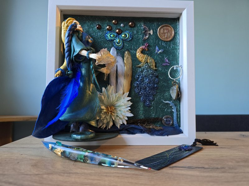 Emeraldire - Guardian of the peacock handmade clay model in a frame with resin pen and wooden bookmark set