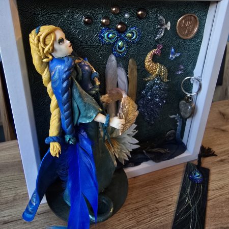 Emeraldire - Guardian of the peacock handmade clay model in a frame with resin pen and wooden bookmark set