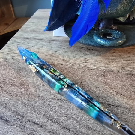 Emeraldire - Guardian of the peacock handmade clay model in a frame with resin pen and wooden bookmark set