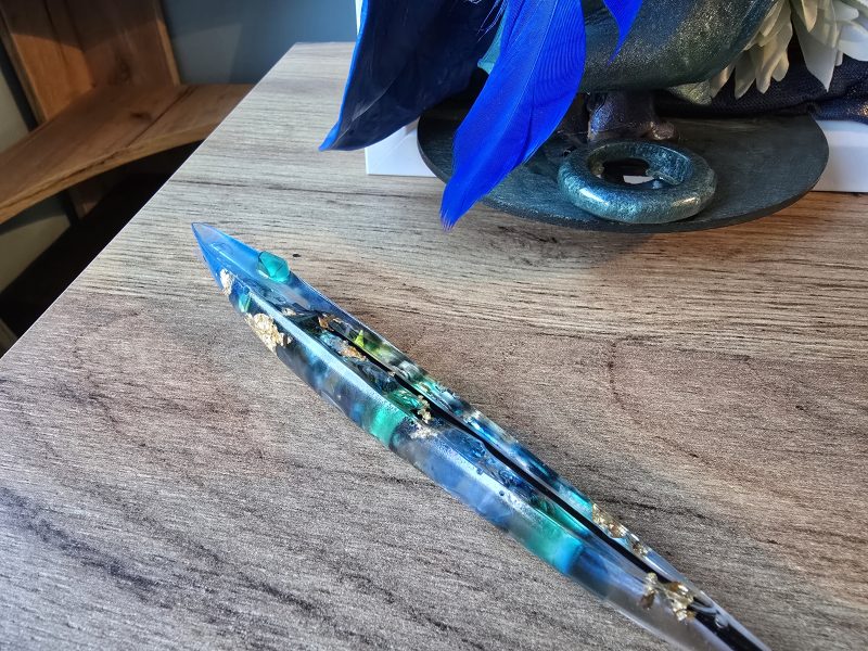 Emeraldire - Guardian of the peacock handmade clay model in a frame with resin pen and wooden bookmark set