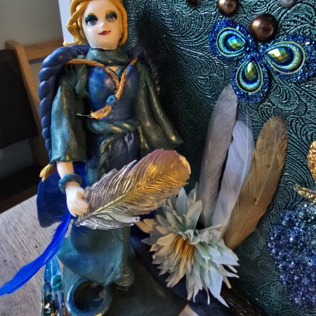 Emeraldire - Guardian of the peacock handmade clay model in a frame with resin pen and wooden bookmark set