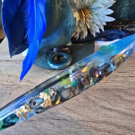 Emeraldire - Guardian of the peacock handmade clay model in a frame with resin pen and wooden bookmark set