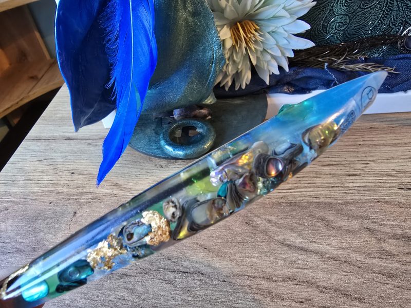 Emeraldire - Guardian of the peacock handmade clay model in a frame with resin pen and wooden bookmark set