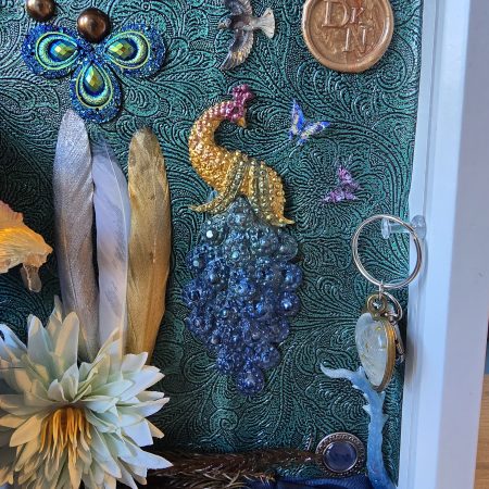 Emeraldire - Guardian of the peacock handmade clay model in a frame with resin pen and wooden bookmark set