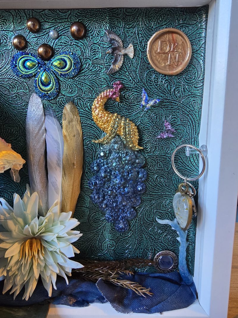 Emeraldire - Guardian of the peacock handmade clay model in a frame with resin pen and wooden bookmark set