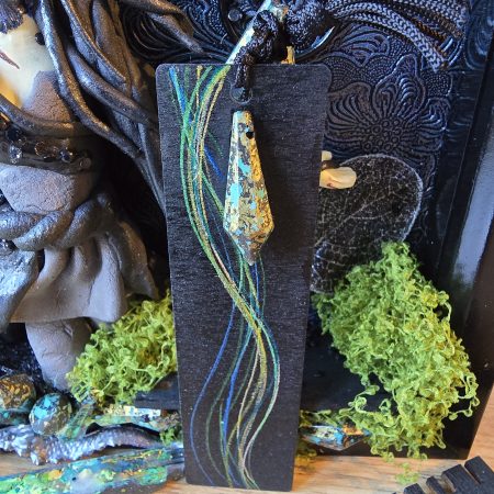 Narla - The Dragon Protector handmade clay model in a frame with resin pen and wooden bookmark set