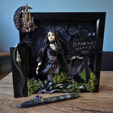 Narla - The Dragon Protector handmade clay model in a frame with resin pen and wooden bookmark set