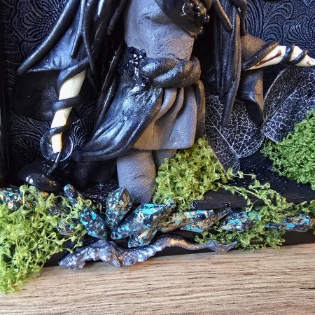 Narla - The Dragon Protector handmade clay model in a frame with resin pen and wooden bookmark set