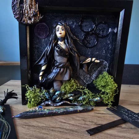 Narla - The Dragon Protector handmade clay model in a frame with resin pen and wooden bookmark set