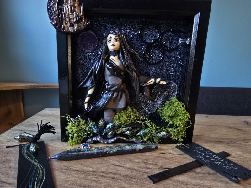 Narla - The Dragon Protector handmade clay model in a frame with resin pen and wooden bookmark set