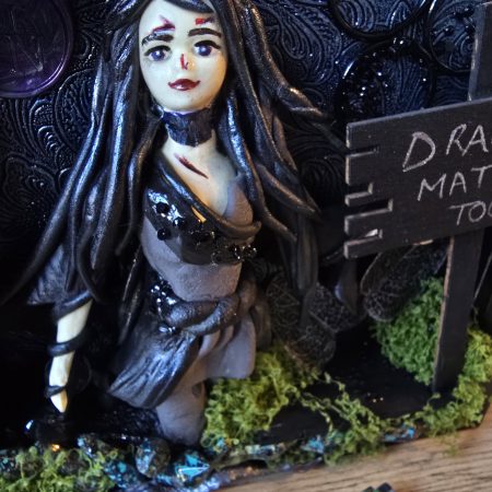 Narla - The Dragon Protector handmade clay model in a frame with resin pen and wooden bookmark set