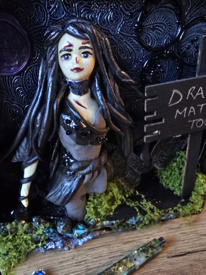 Narla - The Dragon Protector handmade clay model in a frame with resin pen and wooden bookmark set