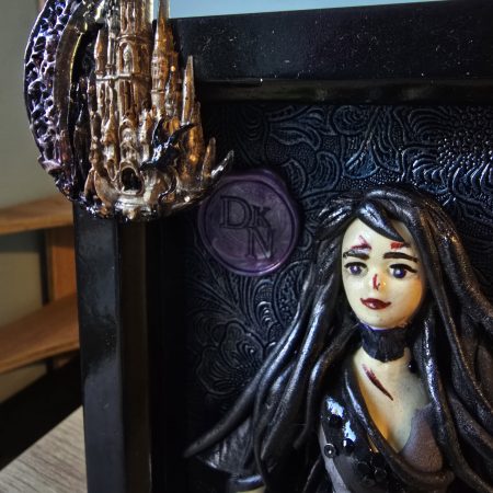 Narla - The Dragon Protector handmade clay model in a frame with resin pen and wooden bookmark set