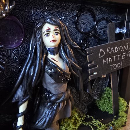 Narla - The Dragon Protector handmade clay model in a frame with resin pen and wooden bookmark set