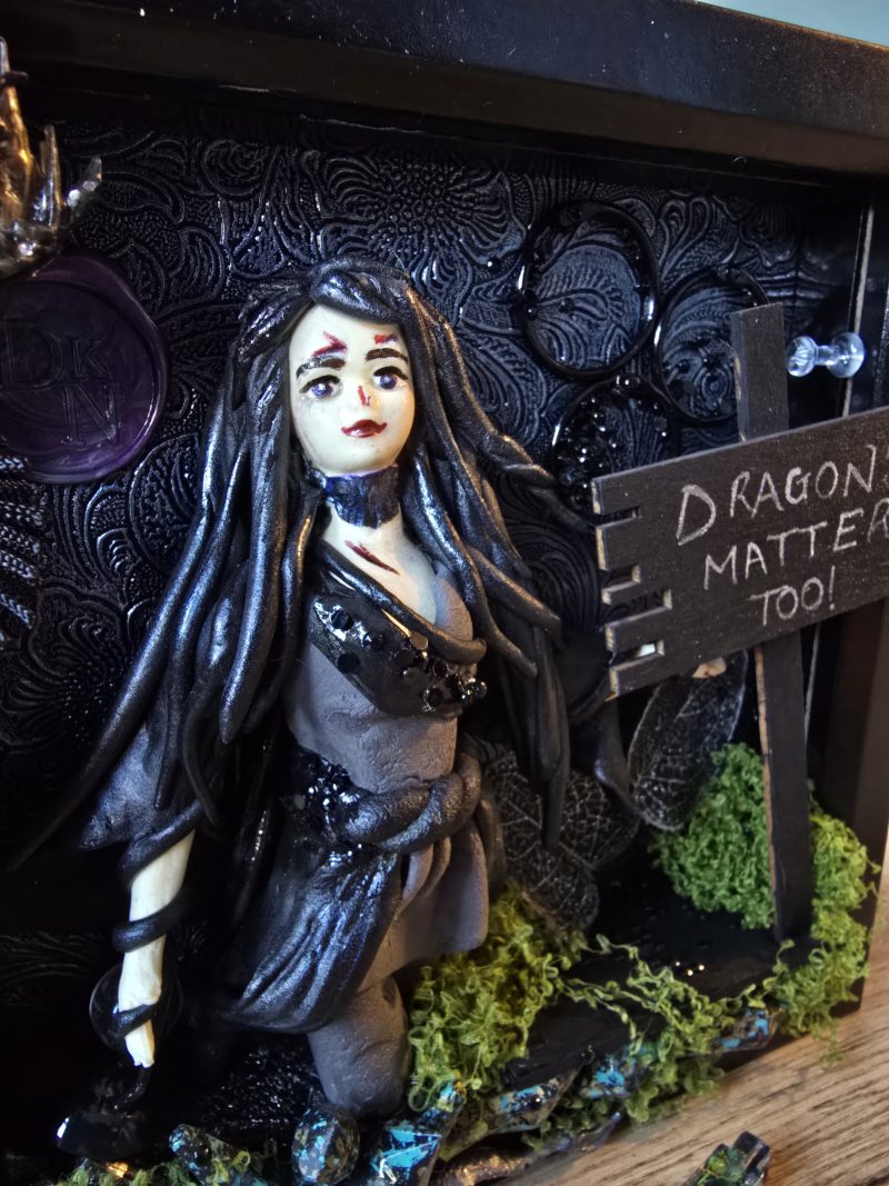 Narla - The Dragon Protector handmade clay model in a frame with resin pen and wooden bookmark set