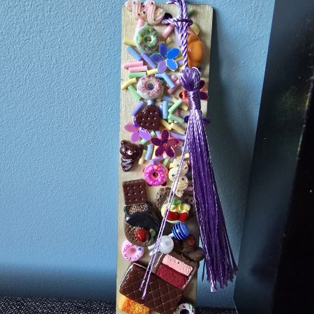 A glutton for punishment…and sweet things, handmade clay model in a frame with resin pen, bookmark and keyring set