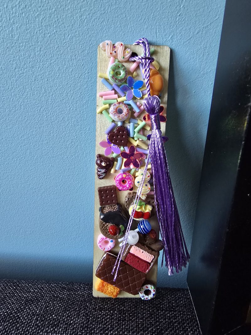 A glutton for punishment…and sweet things, handmade clay model in a frame with resin pen, bookmark and keyring set