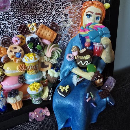 A glutton for punishment…and sweet things, handmade clay model in a frame with resin pen, bookmark and keyring set