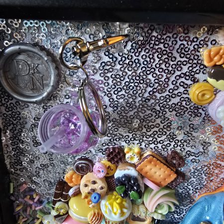 A glutton for punishment…and sweet things, handmade clay model in a frame with resin pen, bookmark and keyring set