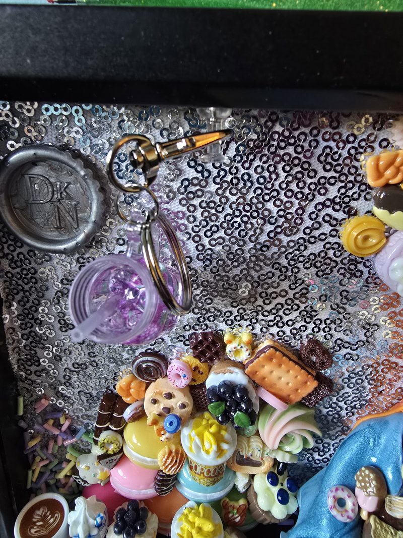 A glutton for punishment…and sweet things, handmade clay model in a frame with resin pen, bookmark and keyring set