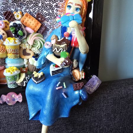 A glutton for punishment…and sweet things, handmade clay model in a frame with resin pen, bookmark and keyring set