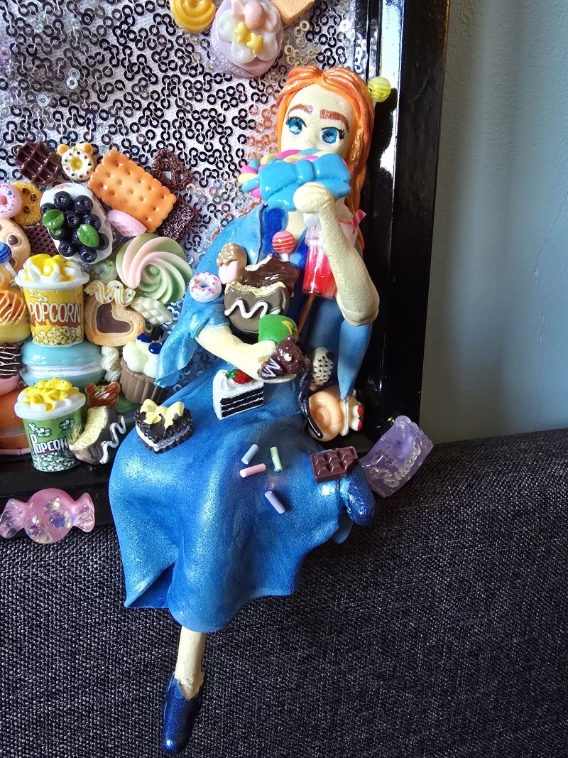 A glutton for punishment…and sweet things, handmade clay model in a frame with resin pen, bookmark and keyring set