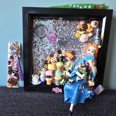 A glutton for punishment…and sweet things, handmade clay model in a frame with resin pen, bookmark and keyring set