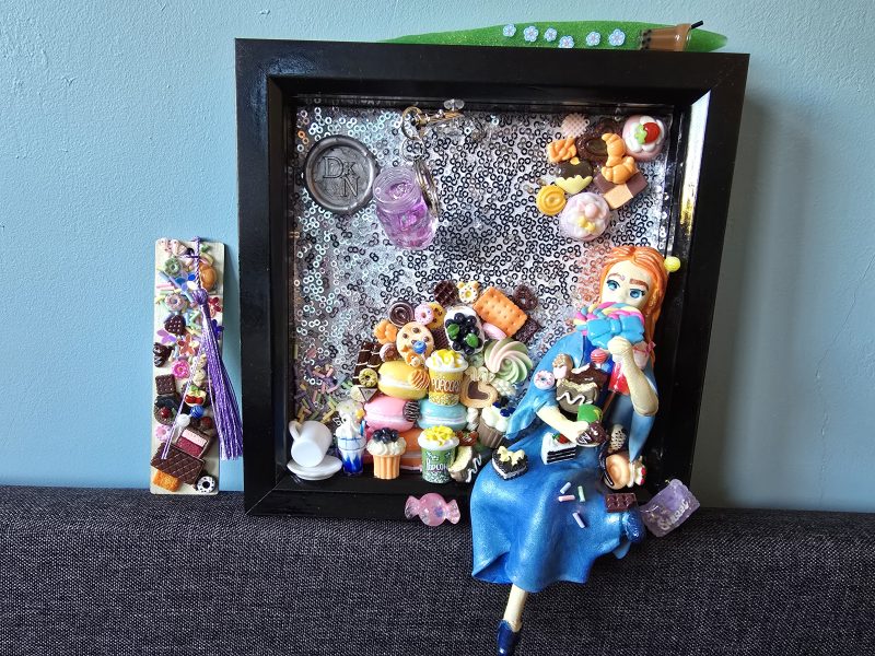 A glutton for punishment…and sweet things, handmade clay model in a frame with resin pen, bookmark and keyring set