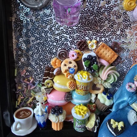 A glutton for punishment…and sweet things, handmade clay model in a frame with resin pen, bookmark and keyring set