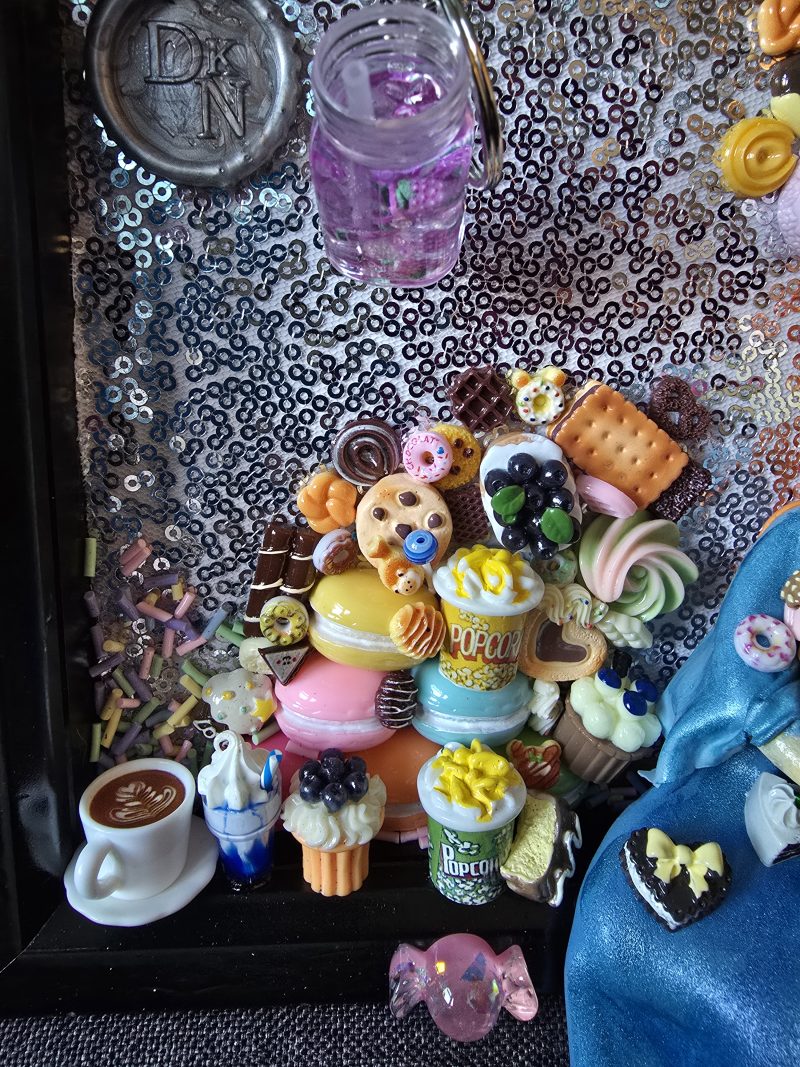 A glutton for punishment…and sweet things, handmade clay model in a frame with resin pen, bookmark and keyring set
