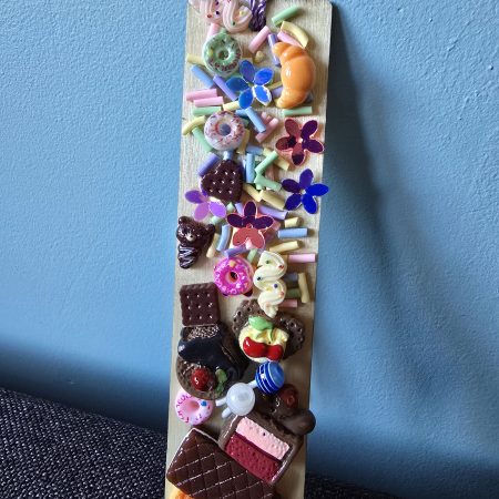 A glutton for punishment…and sweet things, handmade clay model in a frame with resin pen, bookmark and keyring set