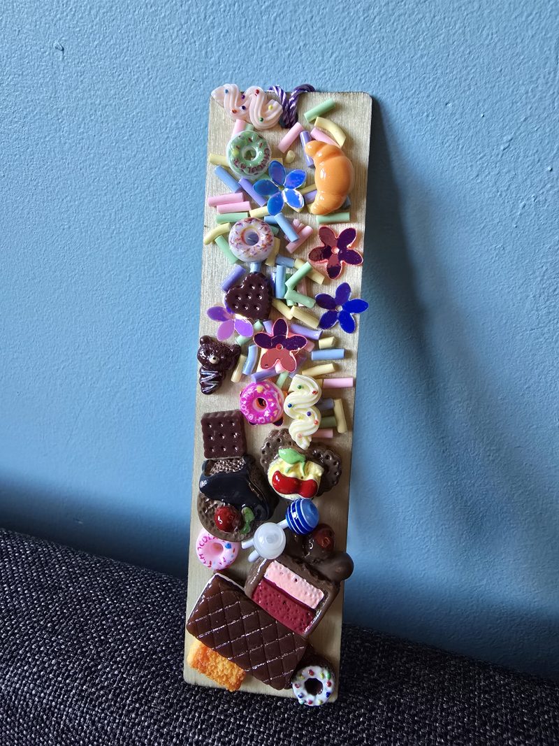 A glutton for punishment…and sweet things, handmade clay model in a frame with resin pen, bookmark and keyring set