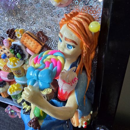 A glutton for punishment…and sweet things, handmade clay model in a frame with resin pen, bookmark and keyring set