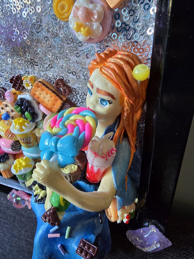 A glutton for punishment…and sweet things, handmade clay model in a frame with resin pen, bookmark and keyring set