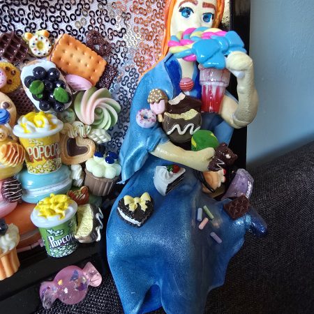 A glutton for punishment…and sweet things, handmade clay model in a frame with resin pen, bookmark and keyring set