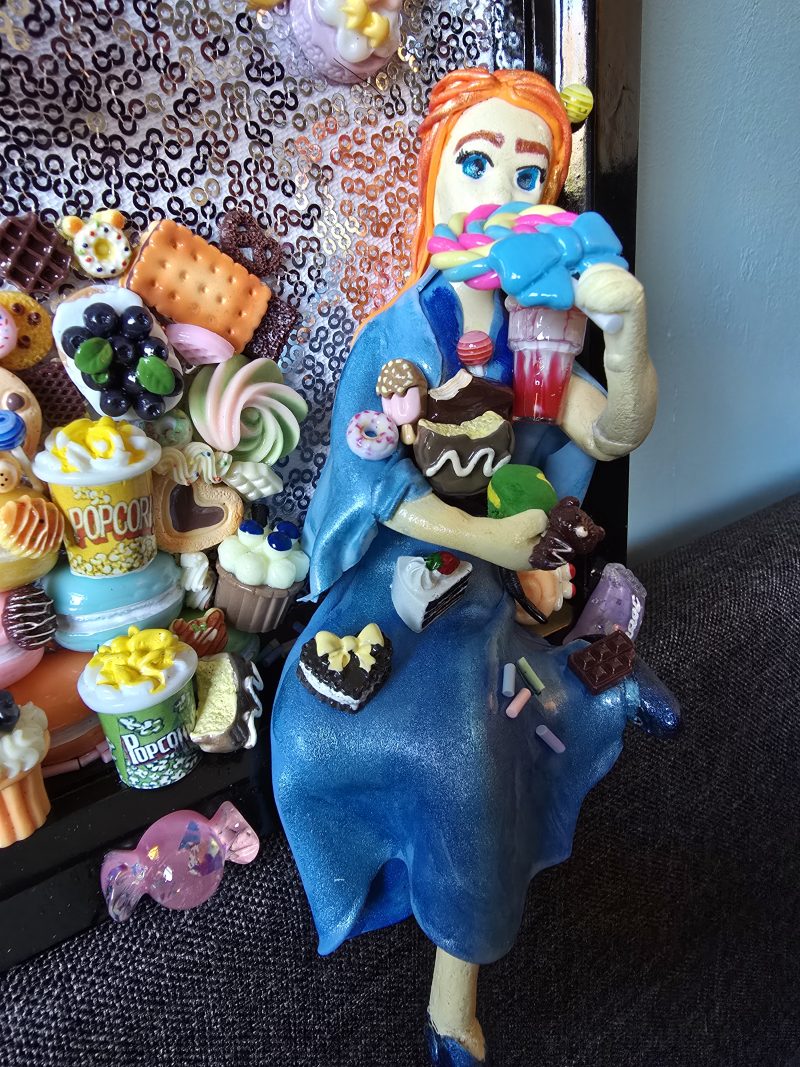 A glutton for punishment…and sweet things, handmade clay model in a frame with resin pen, bookmark and keyring set