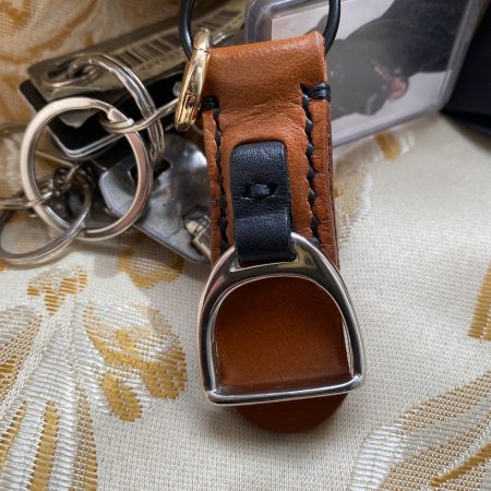 London tan and black leather stirrup key ring or bag charm