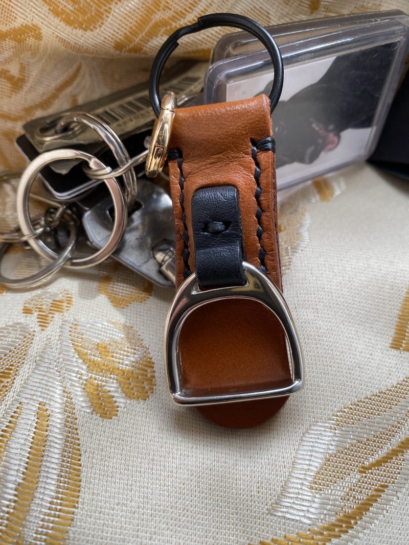 London tan and black leather stirrup key ring or bag charm