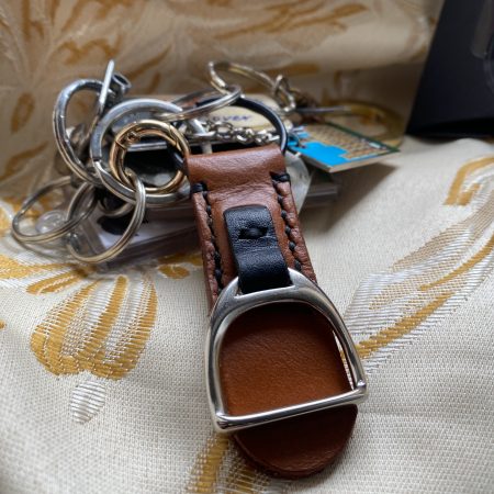 London tan and black leather stirrup key ring or bag charm