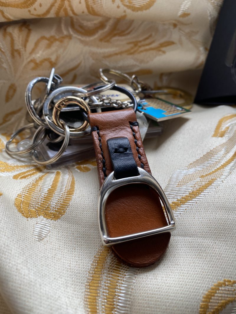 London tan and black leather stirrup key ring or bag charm