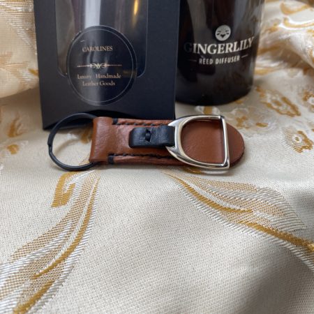 London tan and black leather stirrup key ring or bag charm