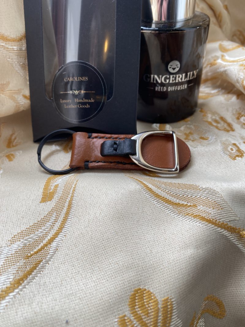 London tan and black leather stirrup key ring or bag charm
