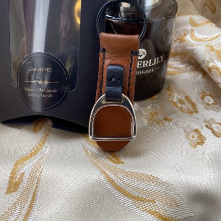 London tan and black leather stirrup key ring or bag charm