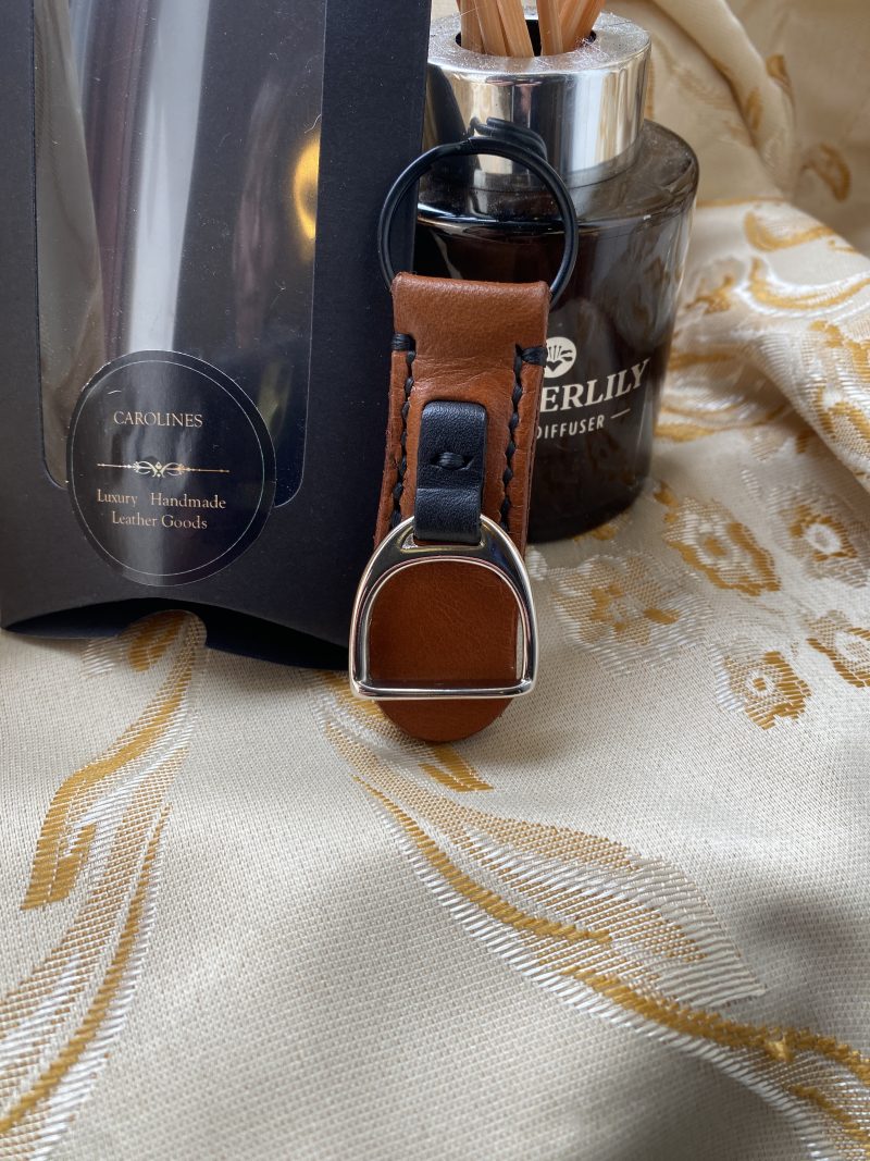 London tan and black leather stirrup key ring or bag charm