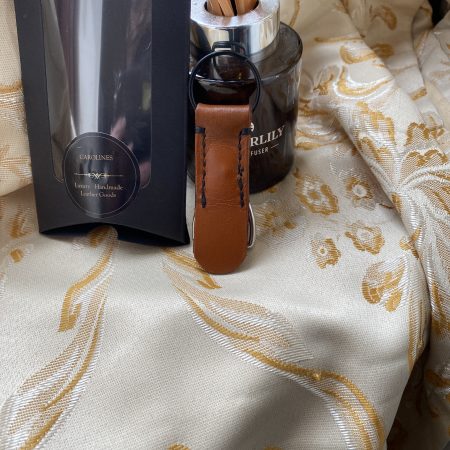 London tan and black leather stirrup key ring or bag charm