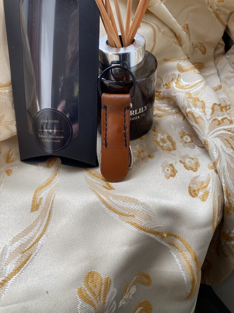 London tan and black leather stirrup key ring or bag charm