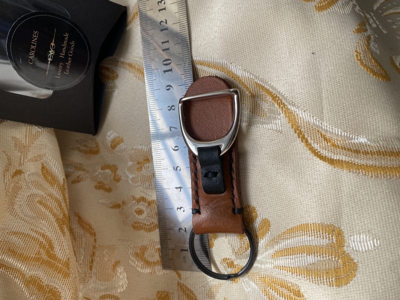 London tan and black leather stirrup key ring or bag charm