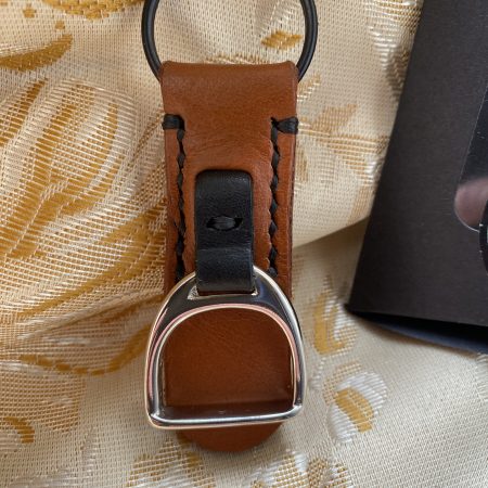 London tan and black leather stirrup key ring or bag charm